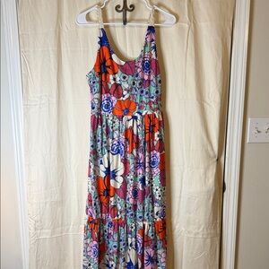 Floral Tiered Maxi Dress in Blue, Orange & Pink